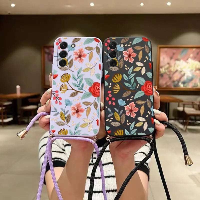 Five Petals Flower Crossbody Lanyard Silicone Phone Case For Samsung Galaxy S23 S23 Plus S23 FE S23 Ultra S22 S21 S20 Plus Cover