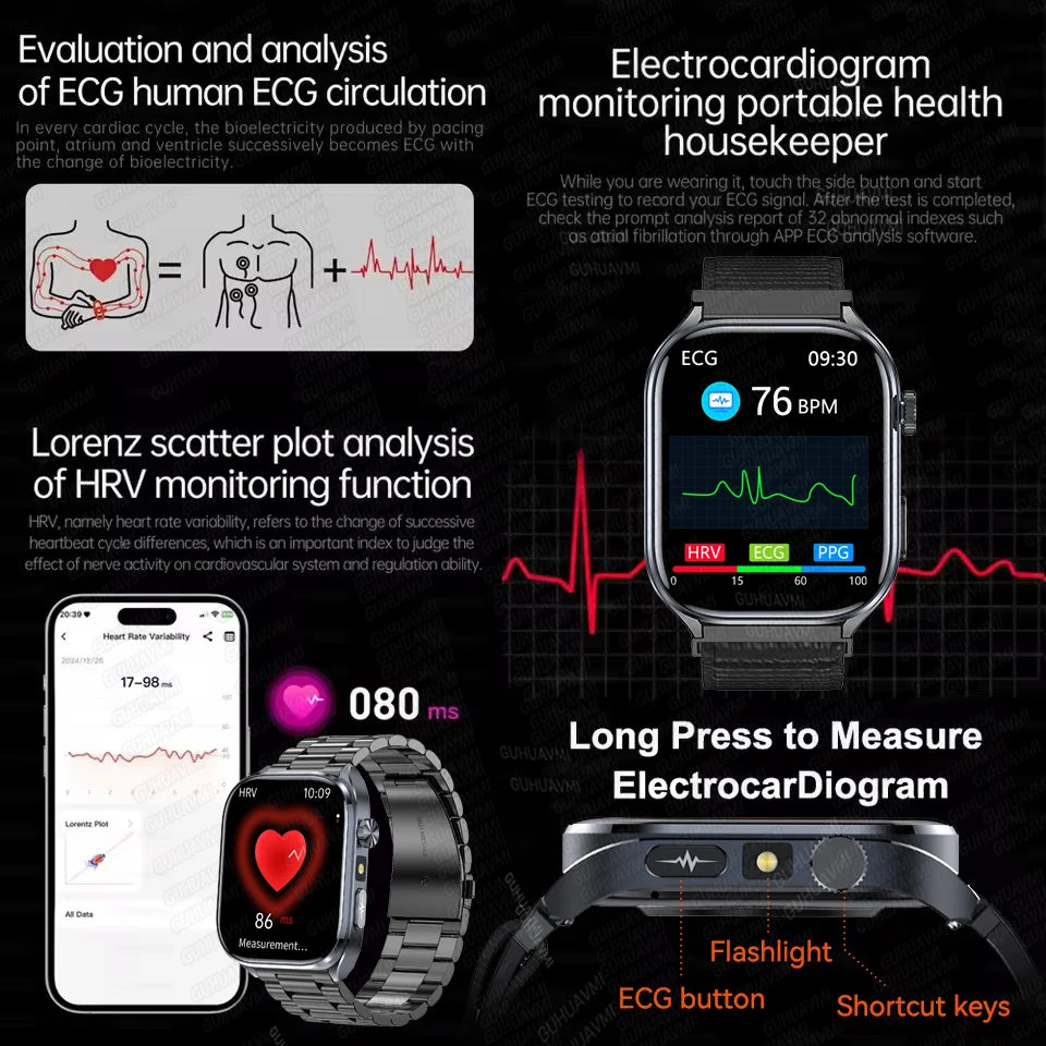 2026 New Accurate ECG Smart Watch Heart Health Analysis Blood analysis Blood Lipid Blood Pressure BT call Smart Watches For Men
