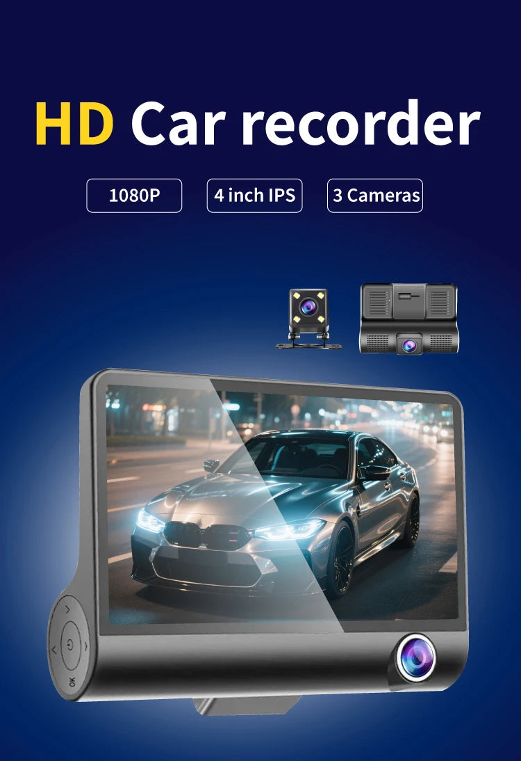 DashCam Car 3Cameras DVR 4Inch Fhd 1080P Auto Video Recorder Three-Lens With Rear View Camera Night Vison Registrator Black Box