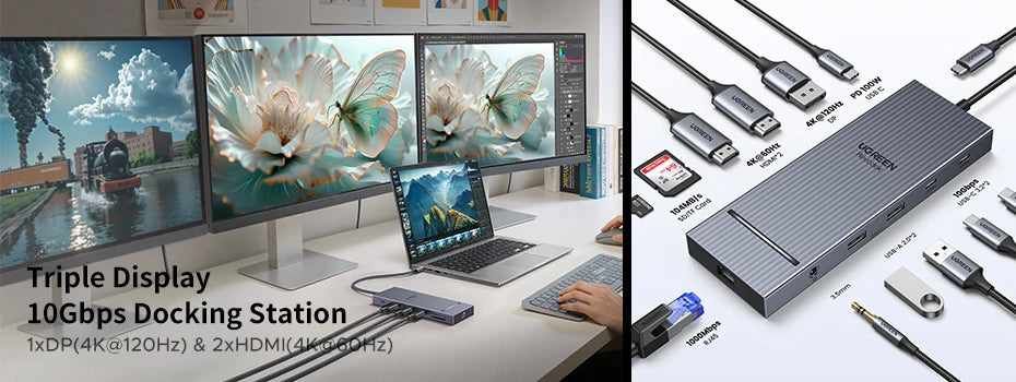 UGREEN 13-in-1 USB-C HUB Triple Monitor Extend 4K 2xHDMI 1xDP 10Gbps USB3.2 PD100W SD/TF RJ45 Dockingfor Windows Laptop HP Dell