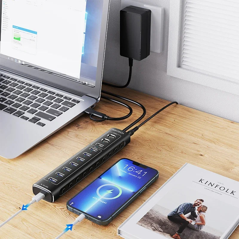 RSHTECH 60W USB 3.1 Hub 10Gbps for Laptop Macbook with 7 USB3.0 Port and 20W PD Aluminum USB Splitter Data Transfer Dock Station
