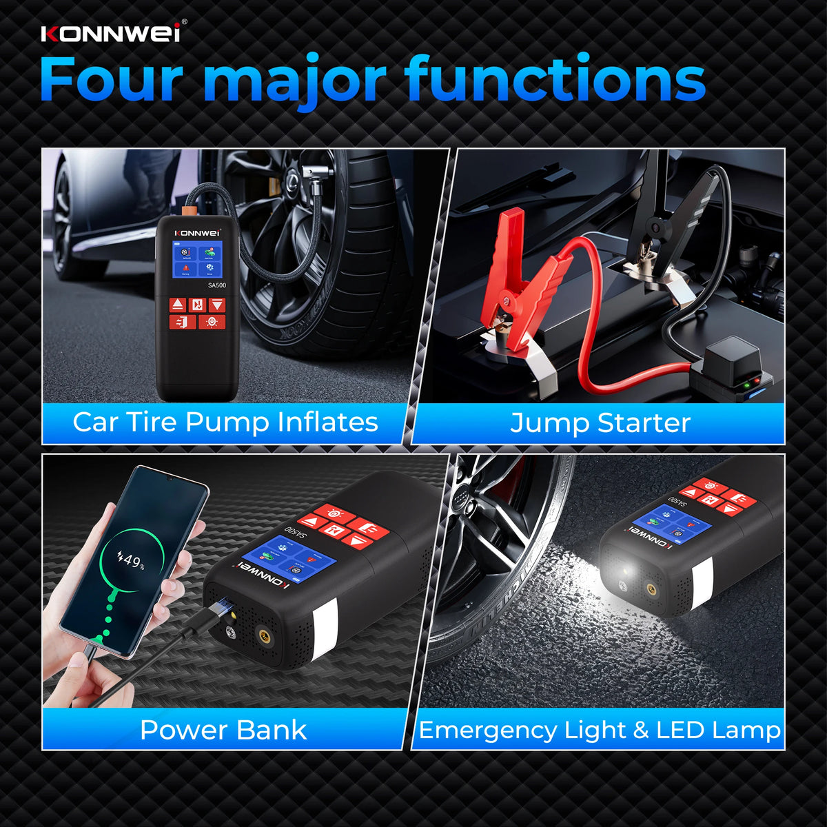 KONNWEI SA500 Car Jump Starter with Air Compressor 12V Portable Battery Booster Tire Inflator Power Bank Vehicle Emergency Start