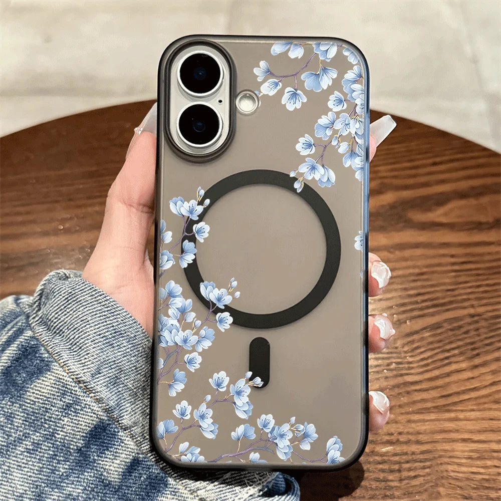 Light Blue Blossom Branch Print Wireless Charging Phone Case For Magesafe iPhone 17 16 15 14 13 12 Pro Max 17 Air Magnetic Cover