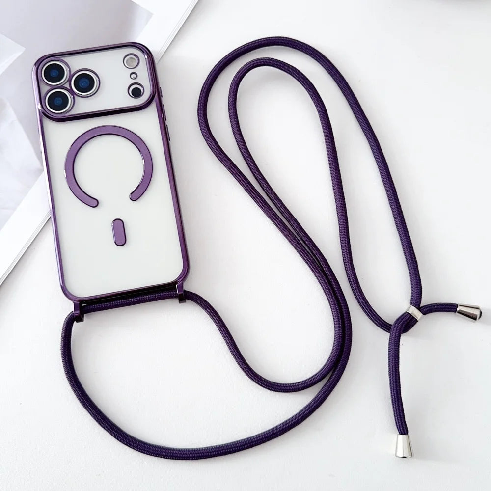 Luxury Necklace Cord Rope Lanyard Plating Magnetic Clear Phone Case For iPhone 17 Air 16 14 12 13 15 Pro Max For Magsafe Cover