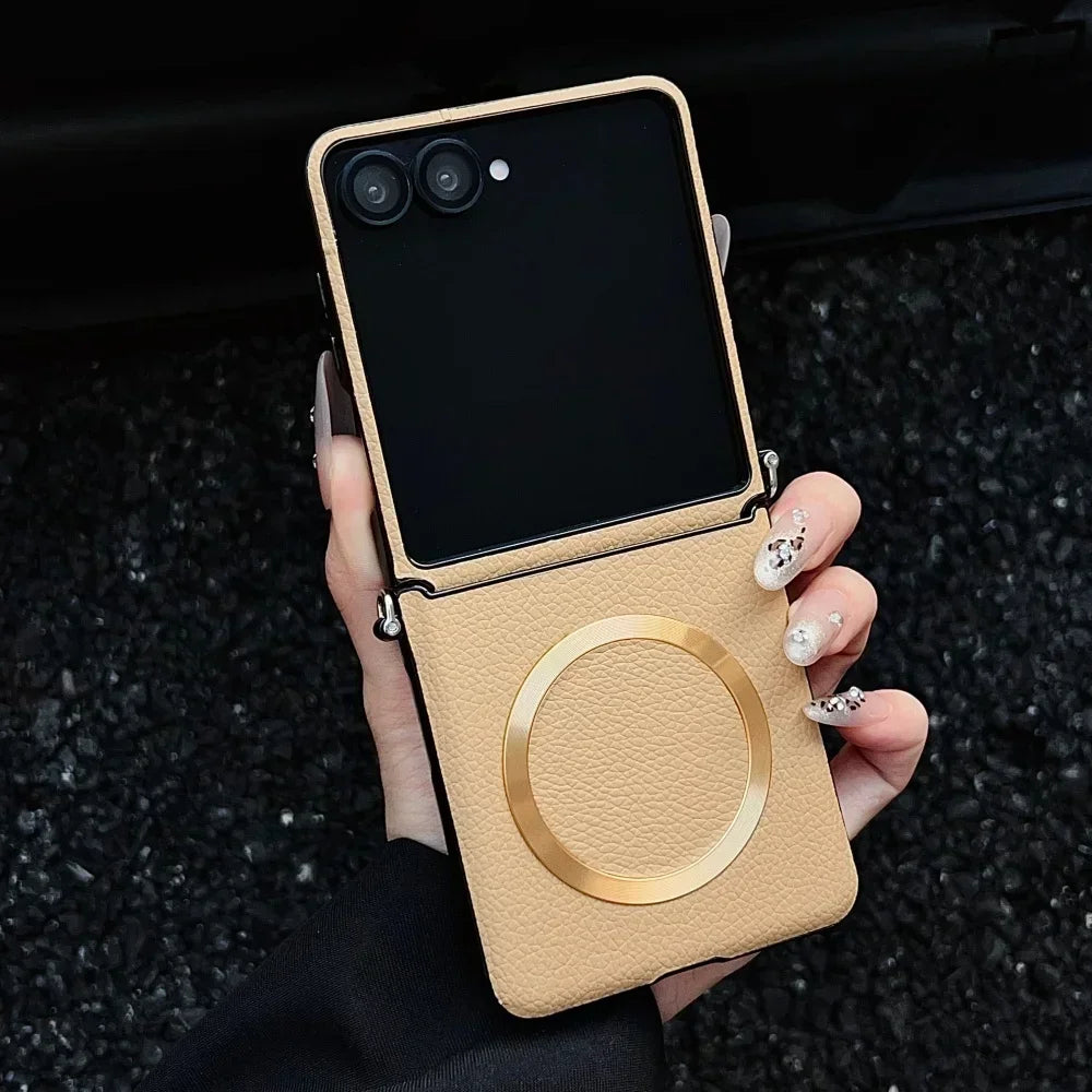 Original Lychee Pattern Leather for Magsafe Wireless Charging Case for Samsung Galaxy Z Flip 8 7 6 5 Strap Anti-drop Slim Cover