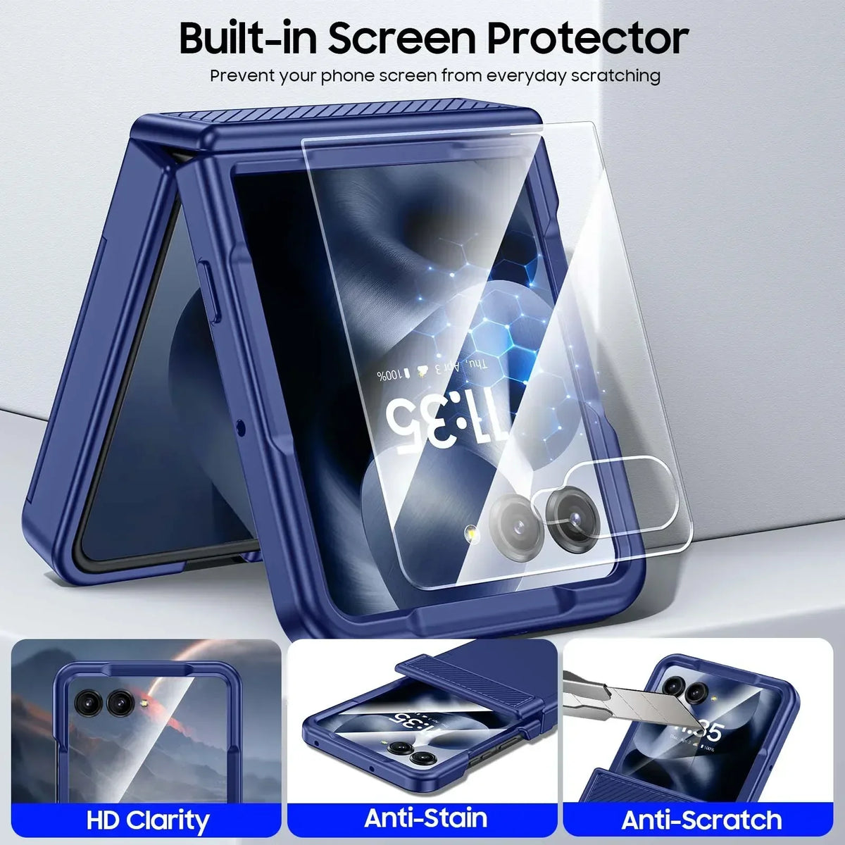 With Card Clip,Hinge Protection,RFID Shielding and Screen Protector,Christmas Gift,for Moto Razr 60 2025/50 2024 Case-Blue