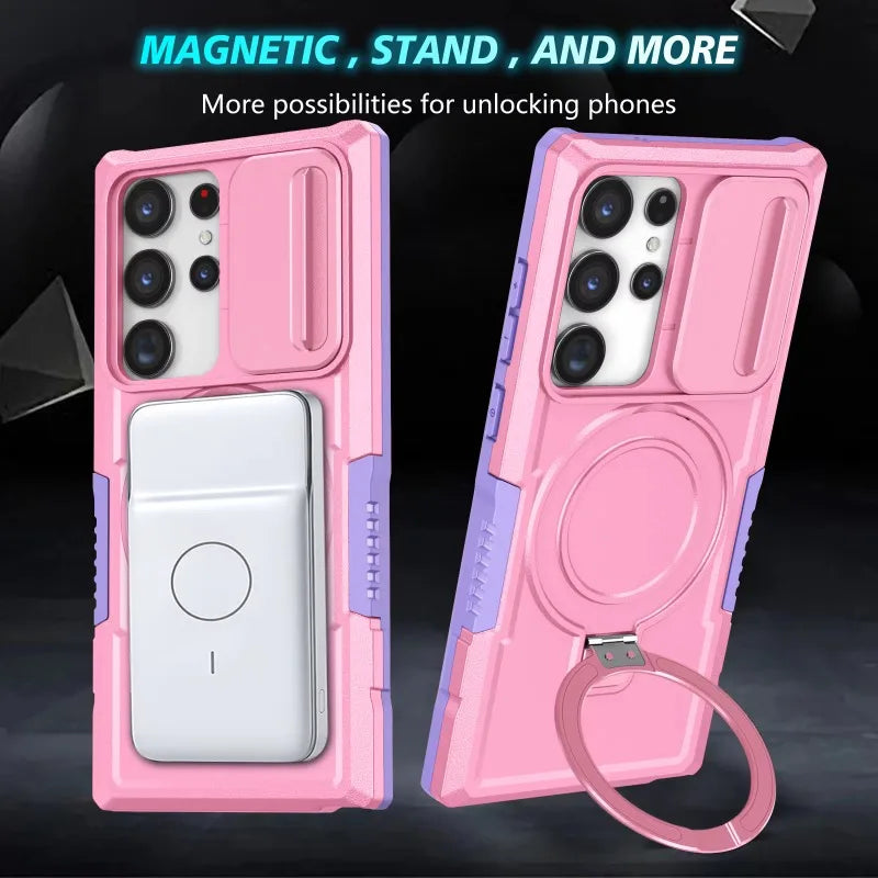 Hybrid Armor Case For Samsung Galaxy S25 S23 S24 25Ultra S22 Plus S26 Note 20 S23 FE Car Holder Magnetic Wireless Charging Cover
