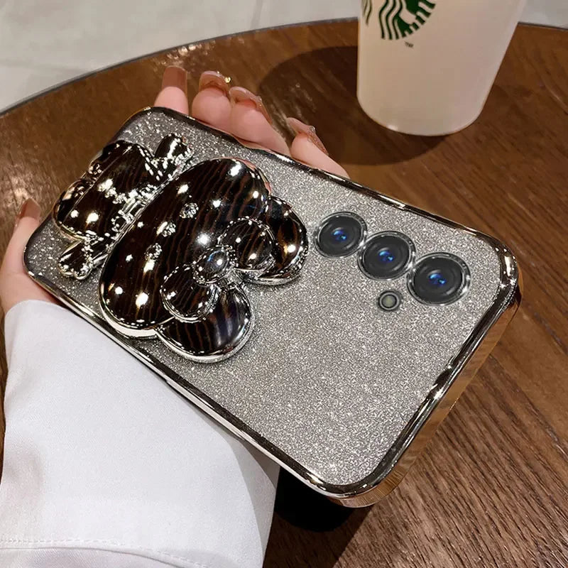 Glitter Mirror Rabbit Stand Case For Samsung A07 A17 A56/36/26/16/06/55/35/25/15/05S S25 FE S24 S23 Ultra Plus Shockproof Cover