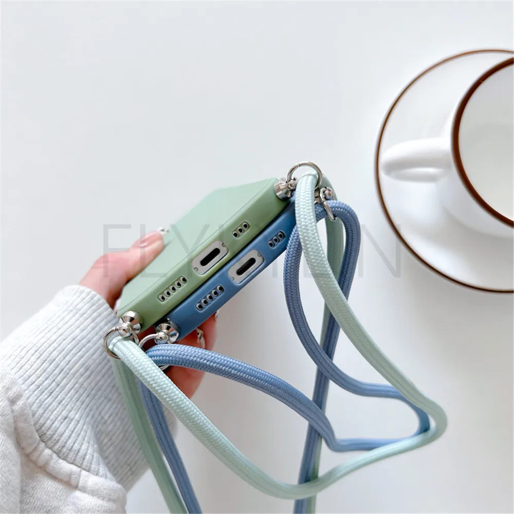 Crossbody Necklace Strap Lanyard Cord Phone Case For iPhone 13 12 MiNi 11 14 15 Pro X XR XS Max 6S 7 8 Plus Soft Silicone Cover