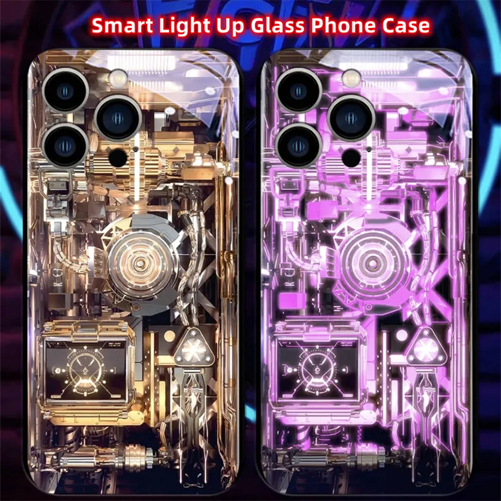 Cool PCB Structure Smart LED Light Glow Tempered Glass Phone Case For iPhone Air 17 E 16 E 15 14 13 12 11 Pro Max XS XR Plus
