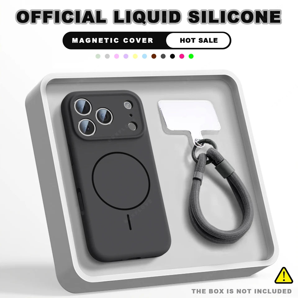 Magnetic Wrist Strap Liquid Silicone Phone Case For iPhone 11 12 13 16 17 Pro Max Air 15 14 16 Plus 16E Magsafe Lanyard Cover
