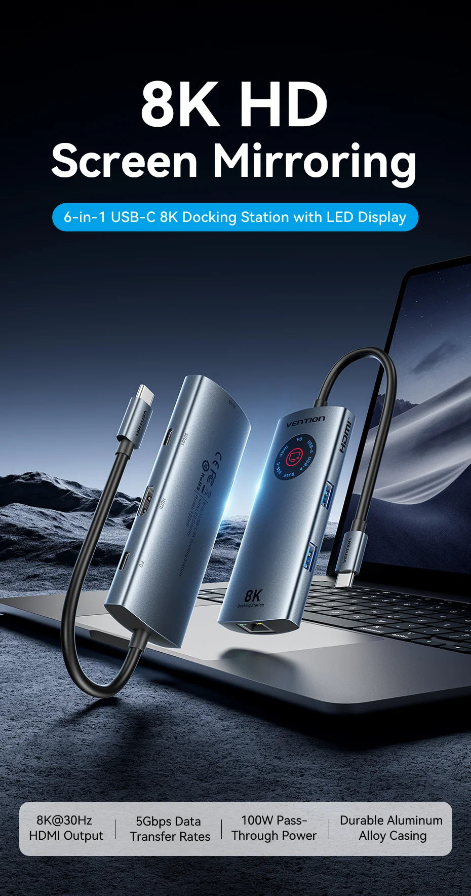 Vention 6 in 1 USB C 8K@30Hz HDMI HUB Smart Led Touch USB 3.0 Ethernet Adapter Docking Station for MacBook Lenovo HP iPad Laptop