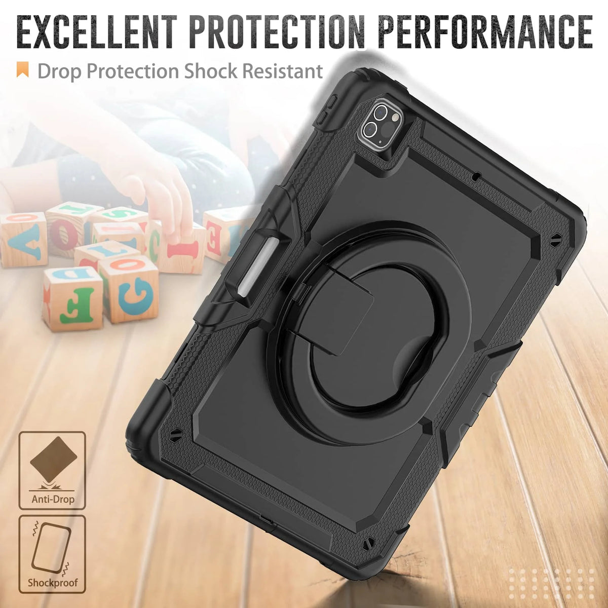 for iPad Pro 12.9'', Military Grade Shockproof Protective Silicone Cover 360 Folding Handle Grip + Handle Shoulder Strap