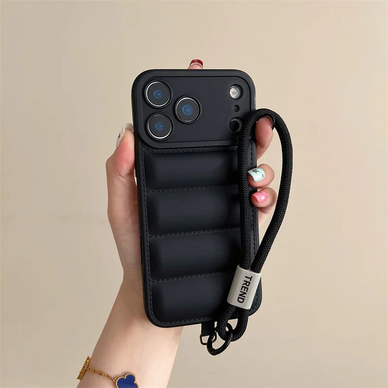 Luxury Down Jacket Puffer Wrist Strap Phone Case for Samsung Galaxy S25 Edge S24 S23 S22 S21 S20 FE Plus Ultra Soft Cover