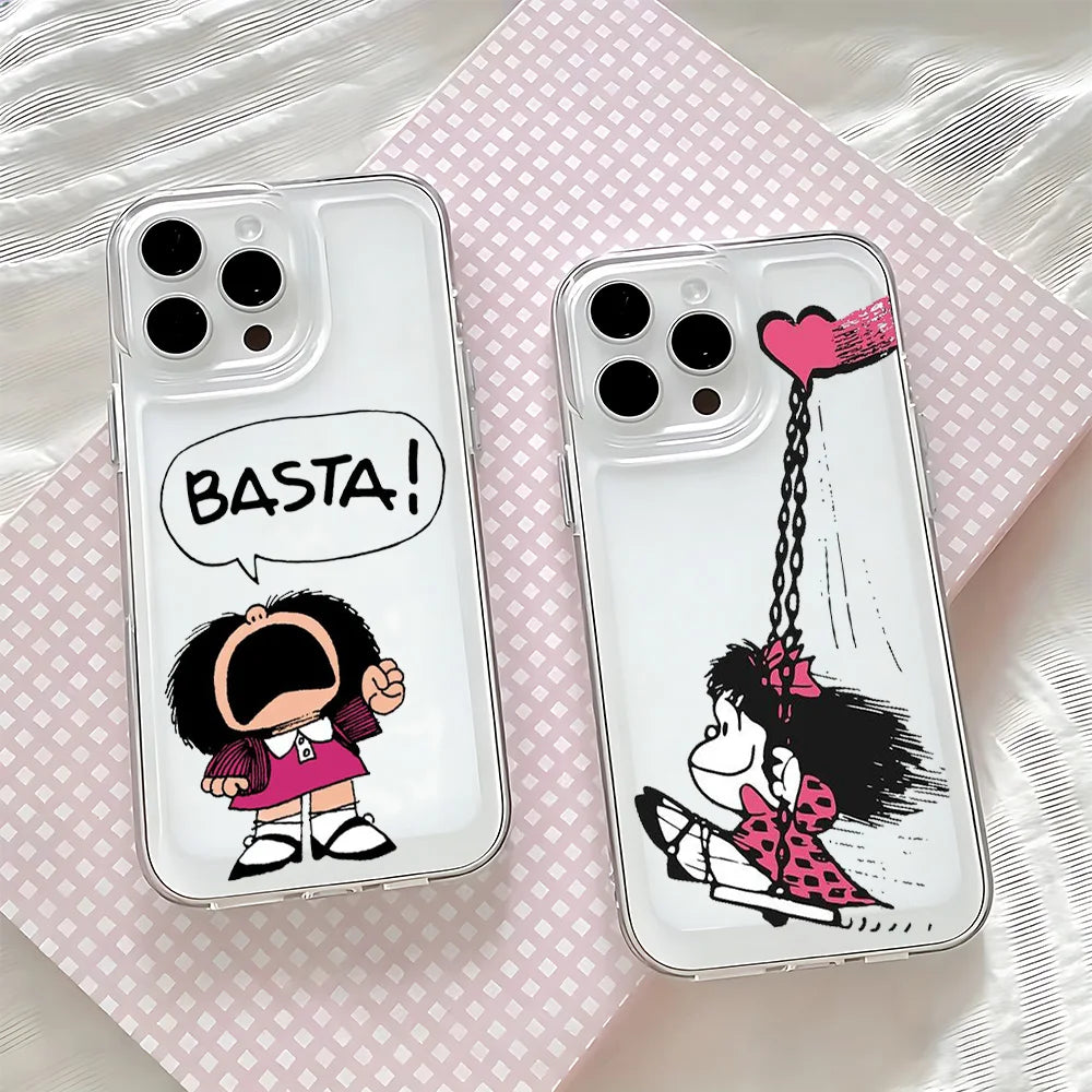 Cartoon Bow Mafaldas Phone Case For iPhone 17 16 16e 15 14 13 12 11 Mini Pro Max X XR XSMax 7 8 Air Plus Transparent Back Cover