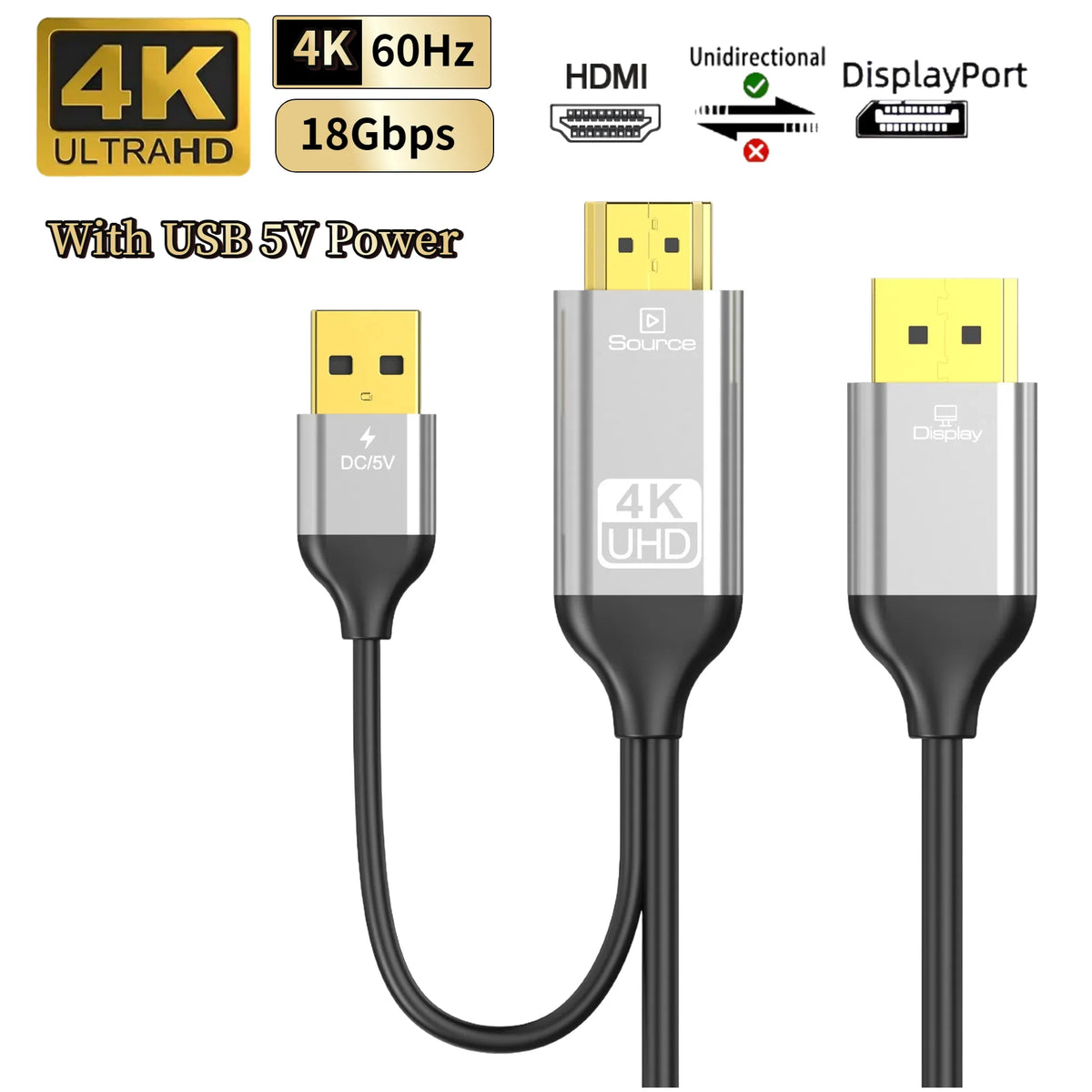 HDMI to DP Converter Cable with 5V Power Supply, 4K@60Hz HD Video Audio Adapter Compatible with Laptop/PC/Gaming Console/Monitor