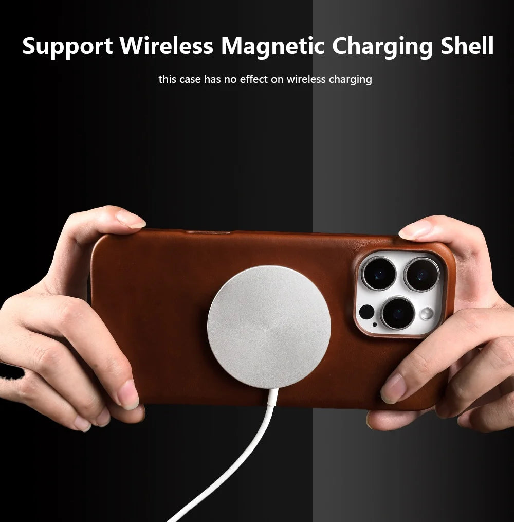 Vintage Full Wrapped Genuine Leather Case For Iphone 16 Pro Max 15 14 13 12 11 Business Oil Wax Magnetic Magsafe Phone Cover