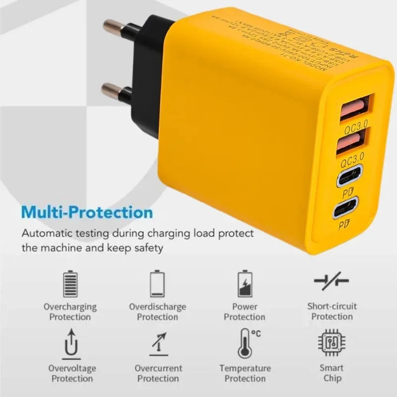 120W 4-Ports USB Type-C Charger Fast Charging Data Cable USB Phone Charger Adapter For Xiaomi IPhone17 16 15 Huawei Wall Charger