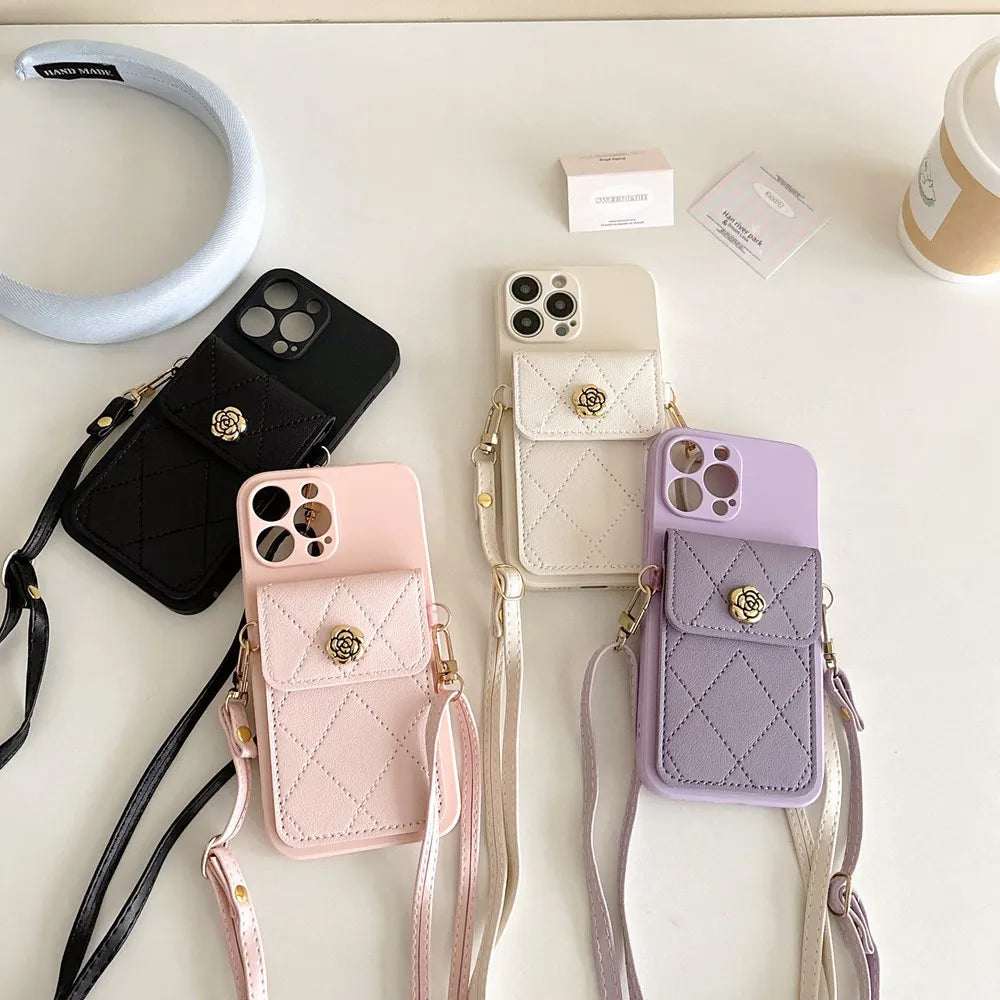 Crossbody Neckband Lanyard Phone Case for iPhone 15 14 11 12 13 Pro Max X XS XR 7 8 Plus Flower Leather Wallet Card Holder Cover