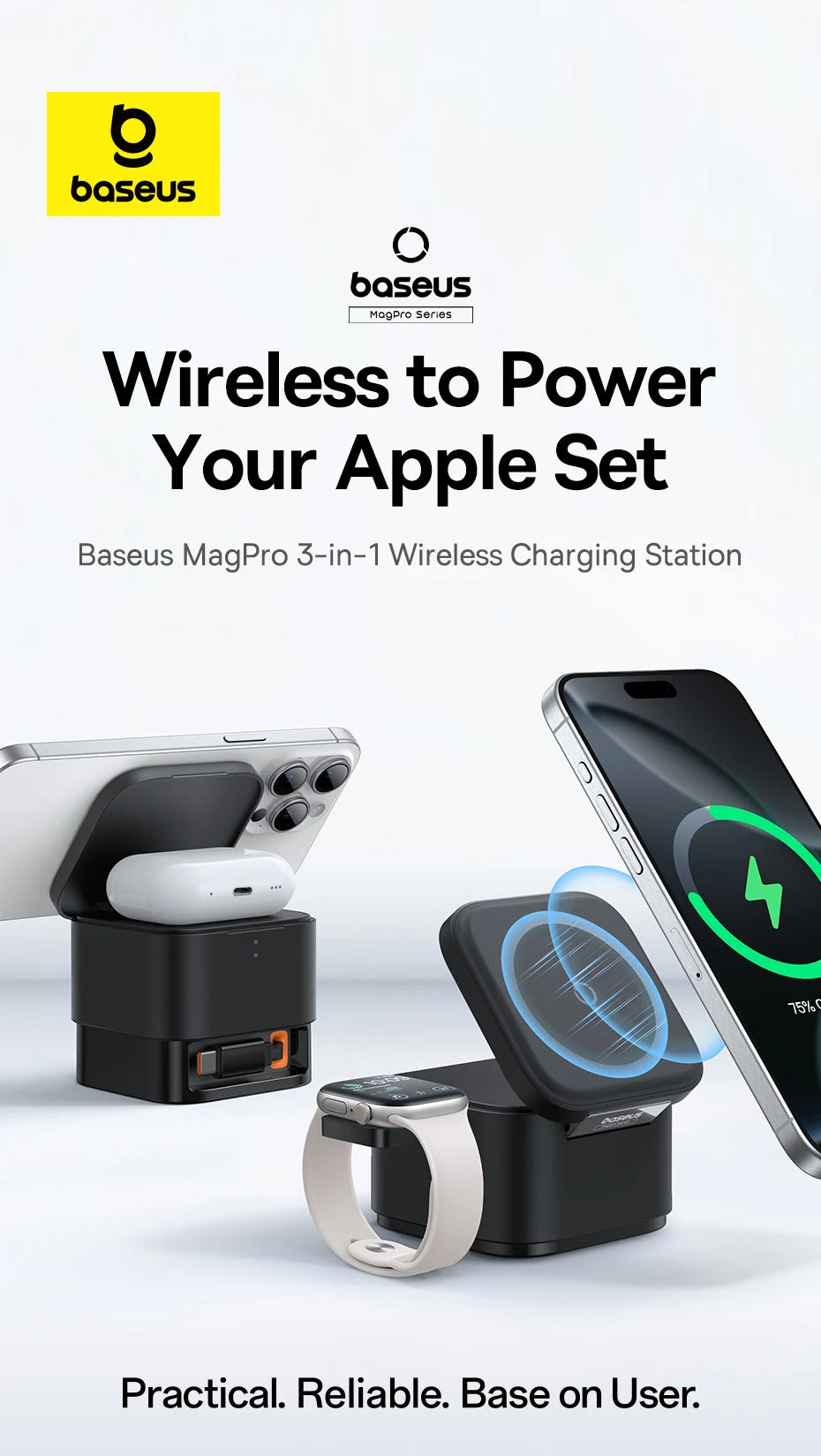 Baseus 3 in 1 Magnetic Wireless Charger Stand 15W Fast Wireless Charging 25W Desktop Dock Station For iPhone16 15 14 13 Airpod