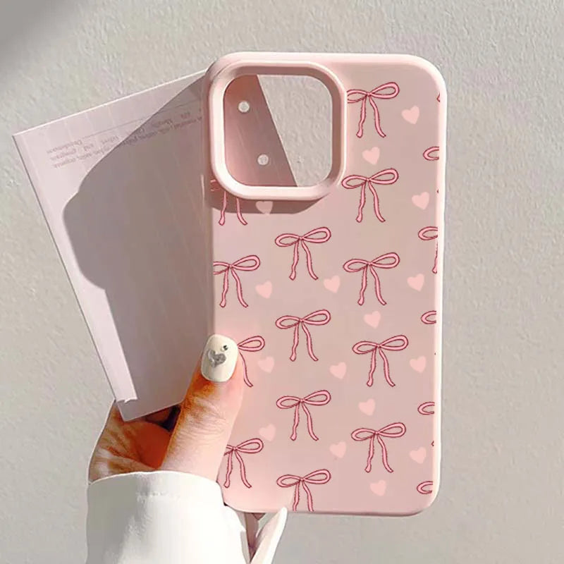 White And Pink Bow Love Heart Print Phone Case For iPhone 17 16 15 Pro Max 14 13 12 11 16 15 Plus 17 Air Shockproof Bumper Cover