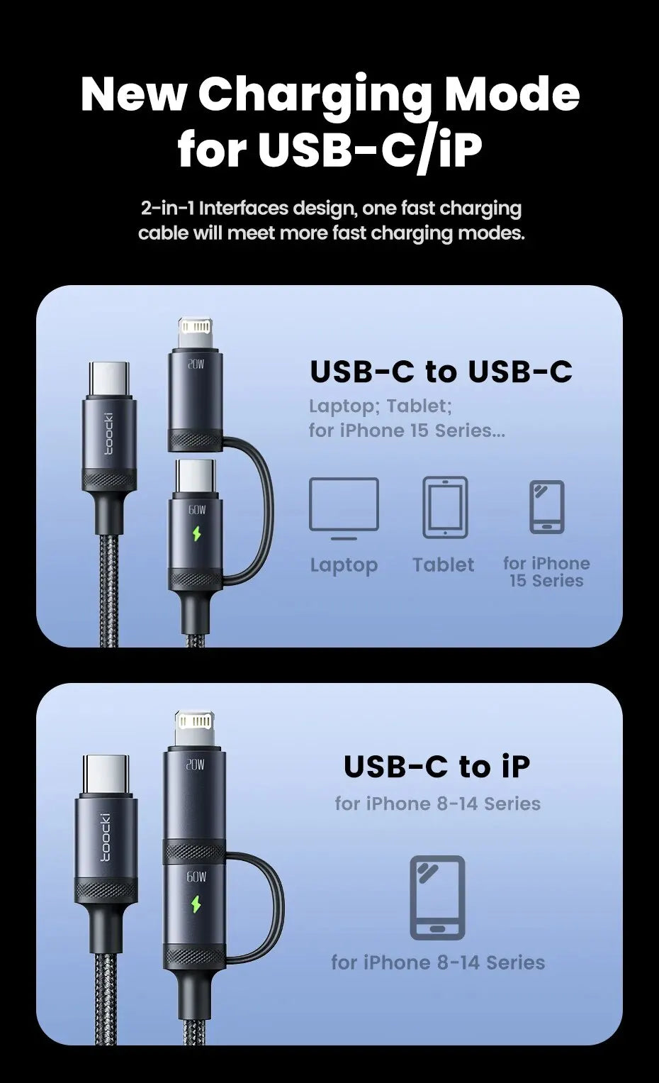 Toocki 2 in 1 PD 60W Type C Cable For iPhone 15 Pro Samsung S23 Xiaomi 2.4A Fast Charging USB Car Spring Cable For iPhone 14 13
