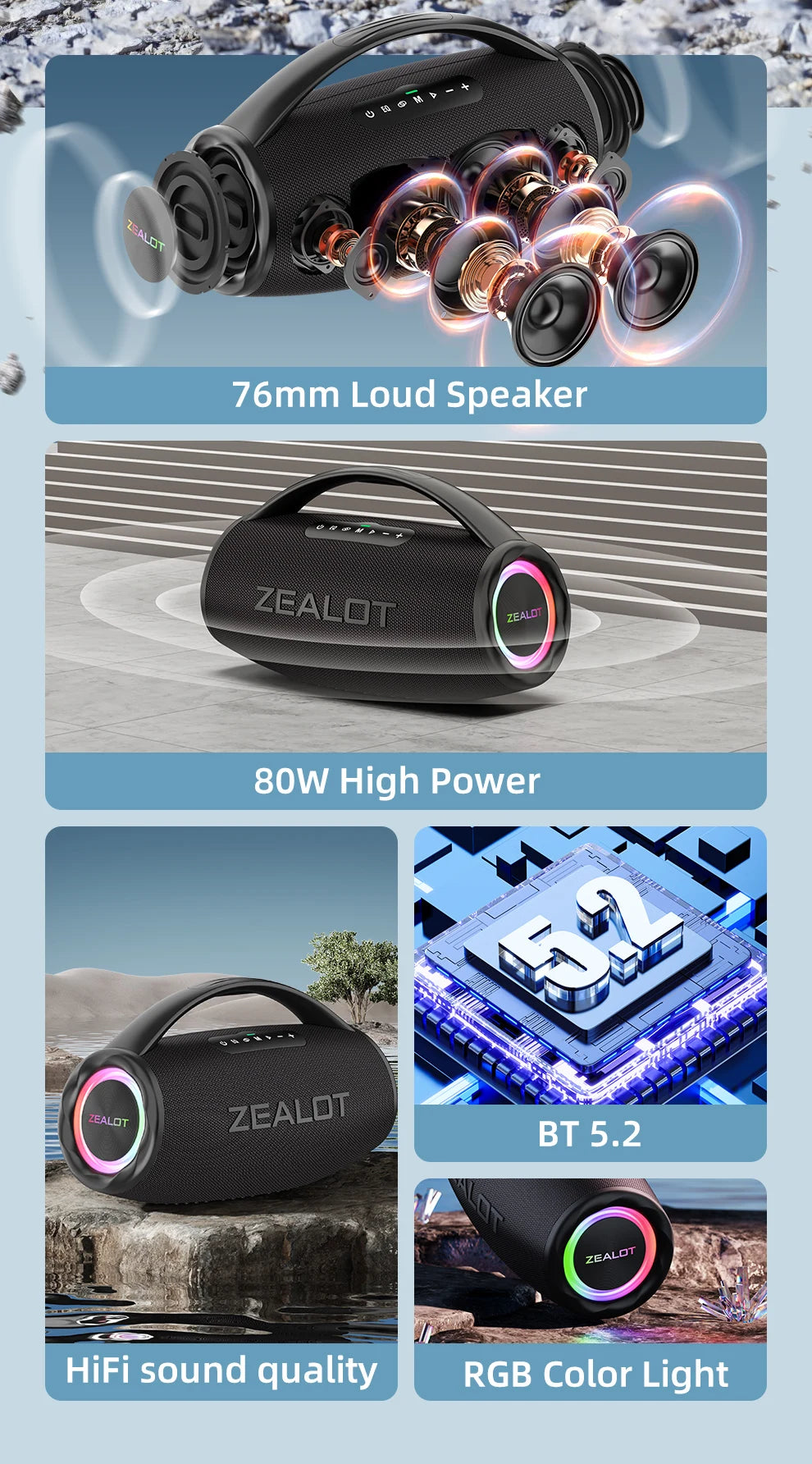 US-S97 80W high power Portable bluetooth speaker RGB colorful light waterproof wireless subwoofer 360 stereo surround TWS FM