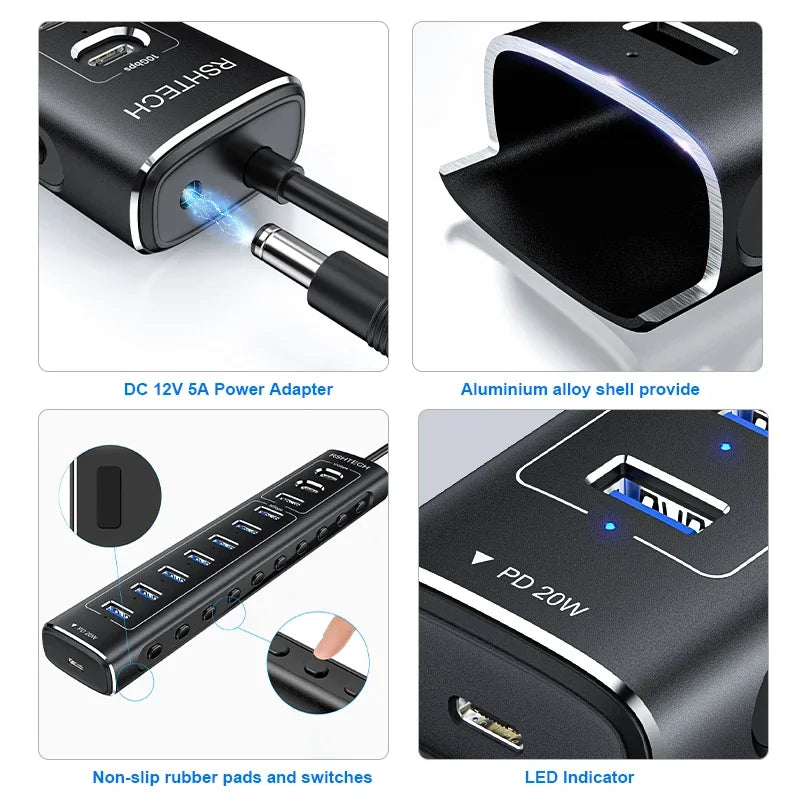 RSHTECH 60W USB 3.1 Hub 10Gbps for Laptop Macbook with 7 USB3.0 Port and 20W PD Aluminum USB Splitter Data Transfer Dock Station