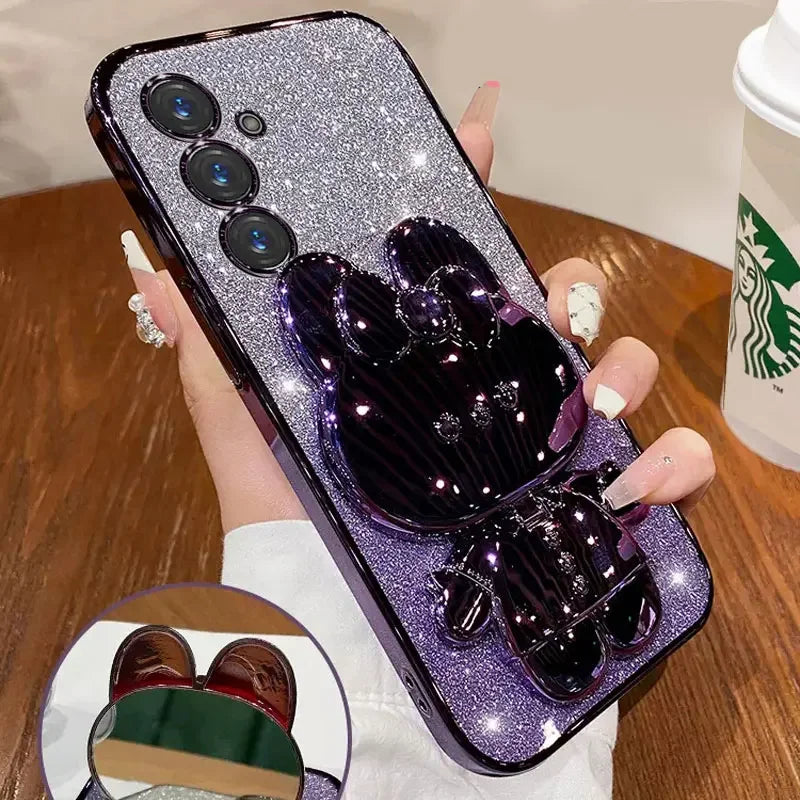 Glitter Mirror Rabbit Stand Case For Samsung A07 A17 A56/36/26/16/06/55/35/25/15/05S S25 FE S24 S23 Ultra Plus Shockproof Cover