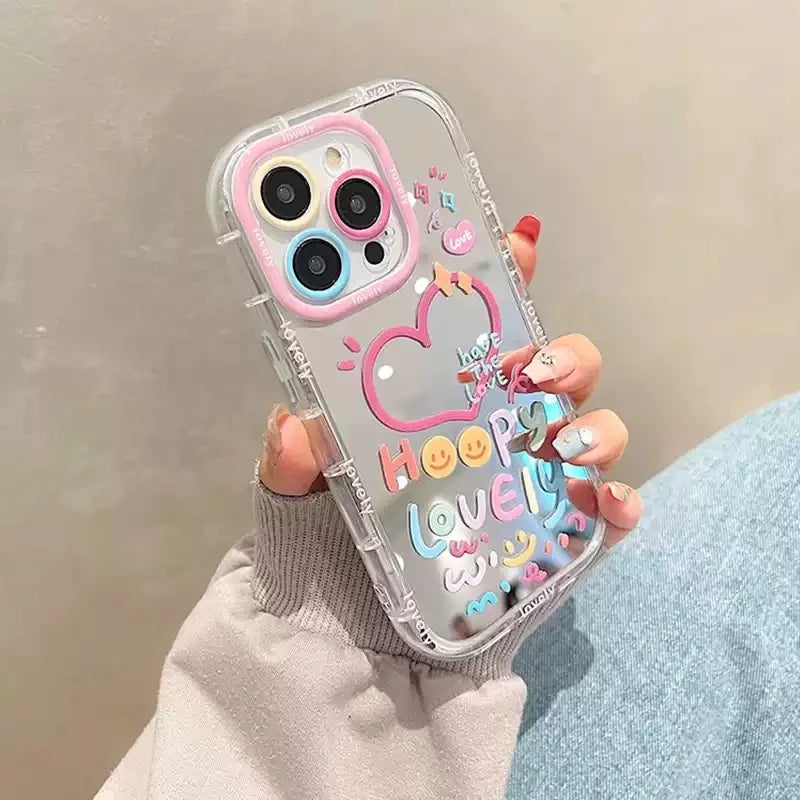 Cute Happy Lovely Heart Colorful Mirror Phone Case For iPhone 11 12 13 14 15 16 17 Pro Max 7 8 Plus X XS XR SE2 Shockproof Cover
