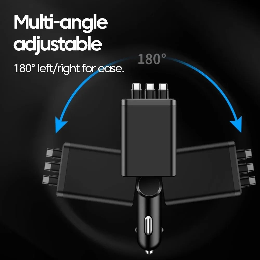 7 in 1 Car Charger Retractable USB C Cable Dual Type C Port Fast Charging Phone Adapter for iPhone Phone Car Cigarette Lighter