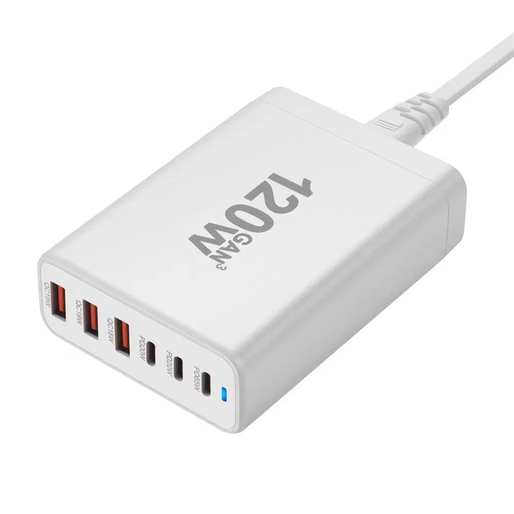 120W GAN Multi USB Charging Station 6-Port Hub Type-C Charger PD Fast Charging Smart Charger for iPhone Samsung Xiaomi
