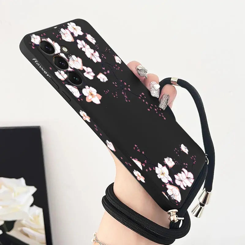 S24 Delicate Flowers Lanyard Silicone Phone Case For Samsung S24 S24Plus S21 S21FE S23FE S23Plus S22Ultra S20FE S24Ultra Cover
