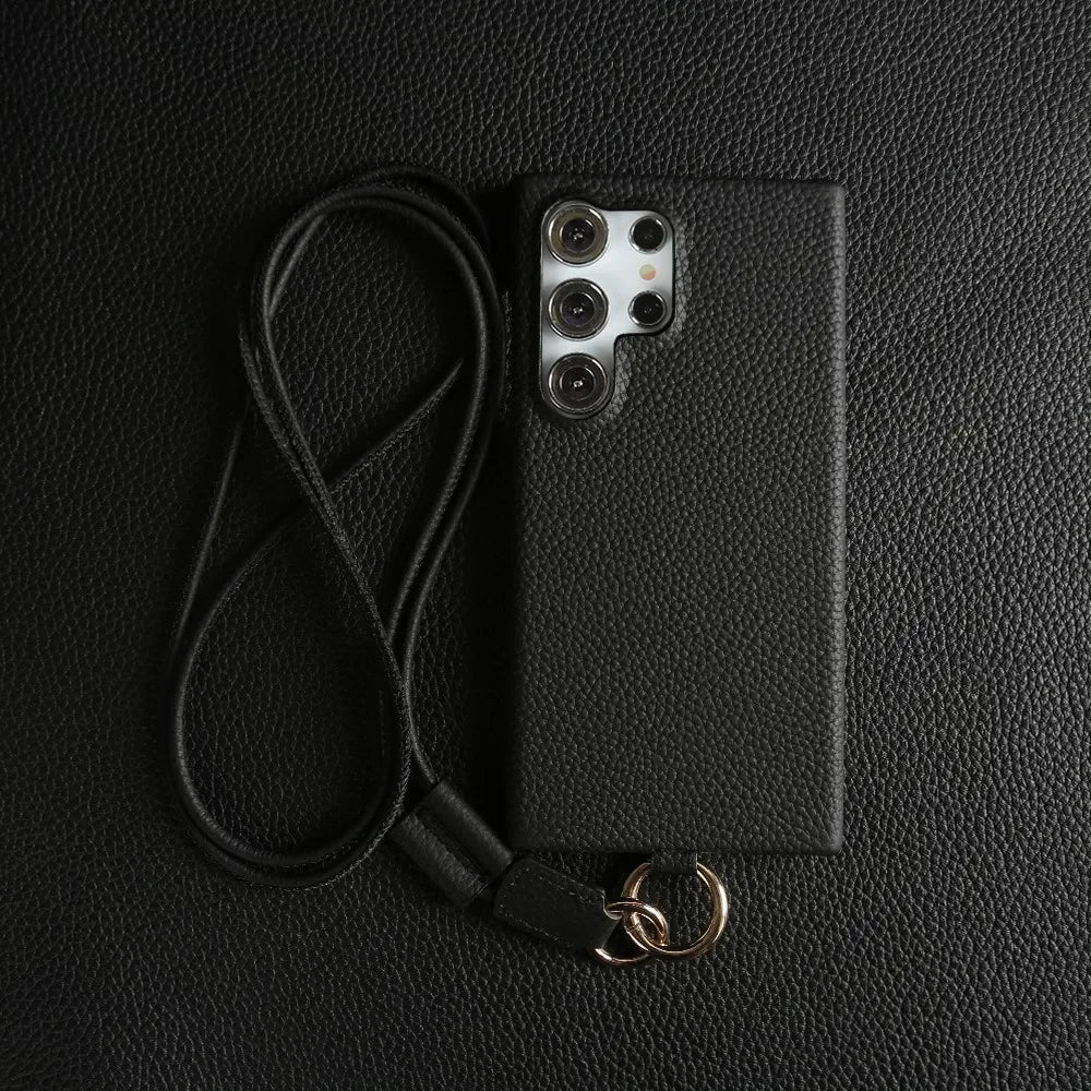 Luxury Cowhide Genuine Leather Case For Samsung Galaxy S26 Ultra S23 S22 S21 S26FE  Strap Crossbody Lanyard Phone Cover Coque