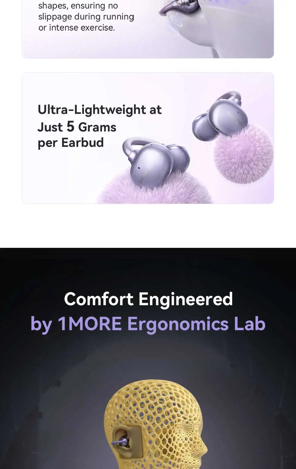 1More Open Ear Bluetooth Earbuds Wireless Ear Clip S21 Bluetooth 6.0 LDAC Wireless Hi-Res Audio Earphones IPX5 26H Battery Life