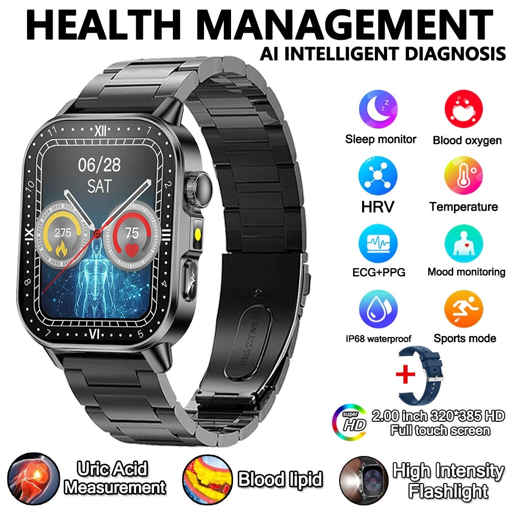 2026 New Model Uric Acid & Lipid Health Analysis Smart Watch Men ECG+PPG Bluetooth Call 2.01-inch Flashlight Smartwatch Women