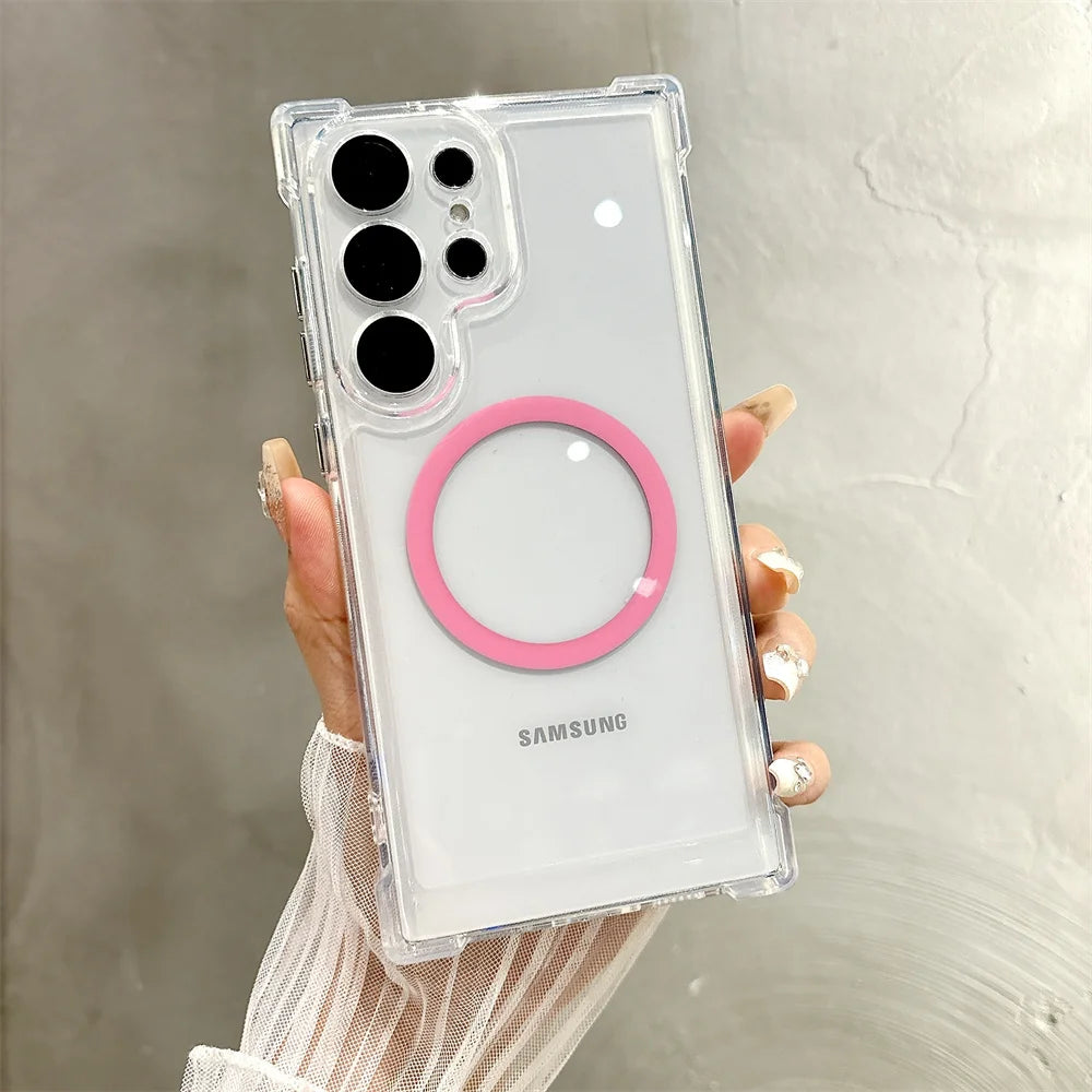 Transparent Armour Magnetic Case For Samsung S26 S25 S23 S24 Plus S21 S22 Ultra Corners Reinforced Shockproof Protection Cover