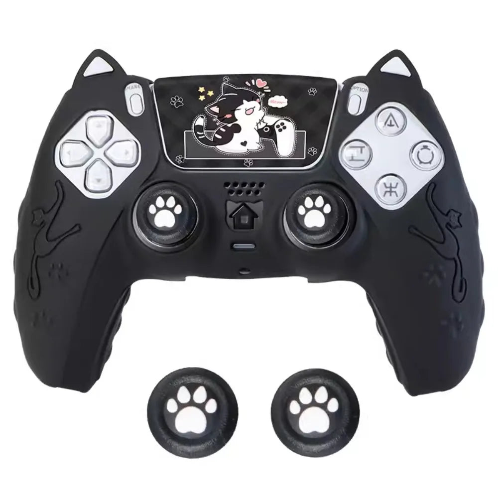 Silicone Controller Case Set Cat Paw with Sticker Controller Skin with Thumb Grip Caps Anti-slip Protective Shell Cover for PS5