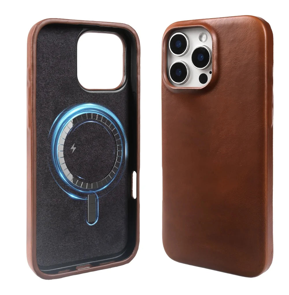 Vintage Full Wrapped Genuine Leather Case For Iphone 16 Pro Max 15 14 13 12 11 Business Oil Wax Magnetic Magsafe Phone Cover