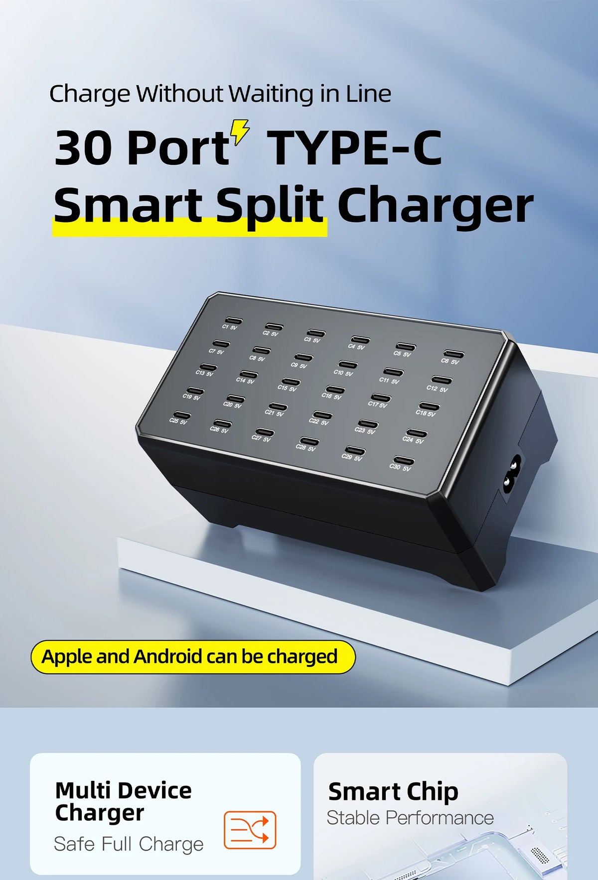100W 30-Port Type-C Multi-Device Desktop Charger: Rapid & Efficient Charging Hub for Phones and Tablets