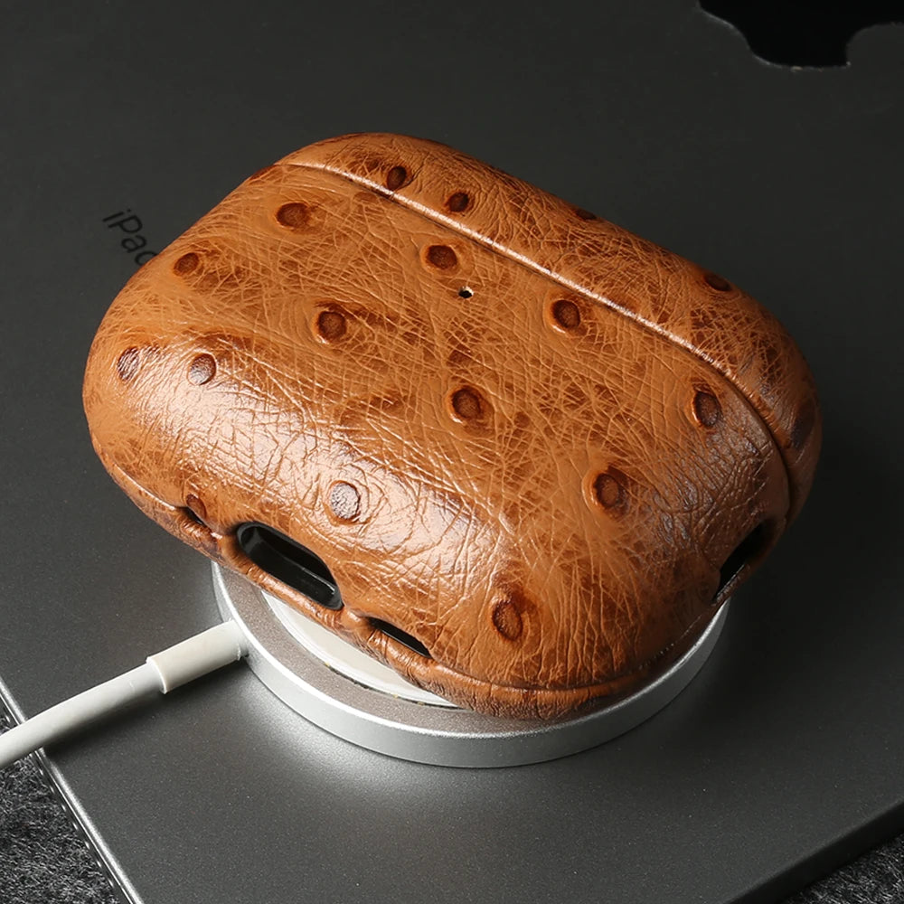 Luxury Ostrich Grain Leather Case For Airpods Pro 2 Cases airpods4 3 Wireless Bluetooth Headphone Earphone Box Protective Cover