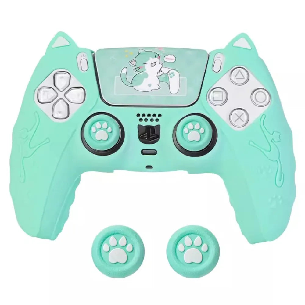 Silicone Controller Case Set Cat Paw with Sticker Controller Skin with Thumb Grip Caps Anti-slip Protective Shell Cover for PS5