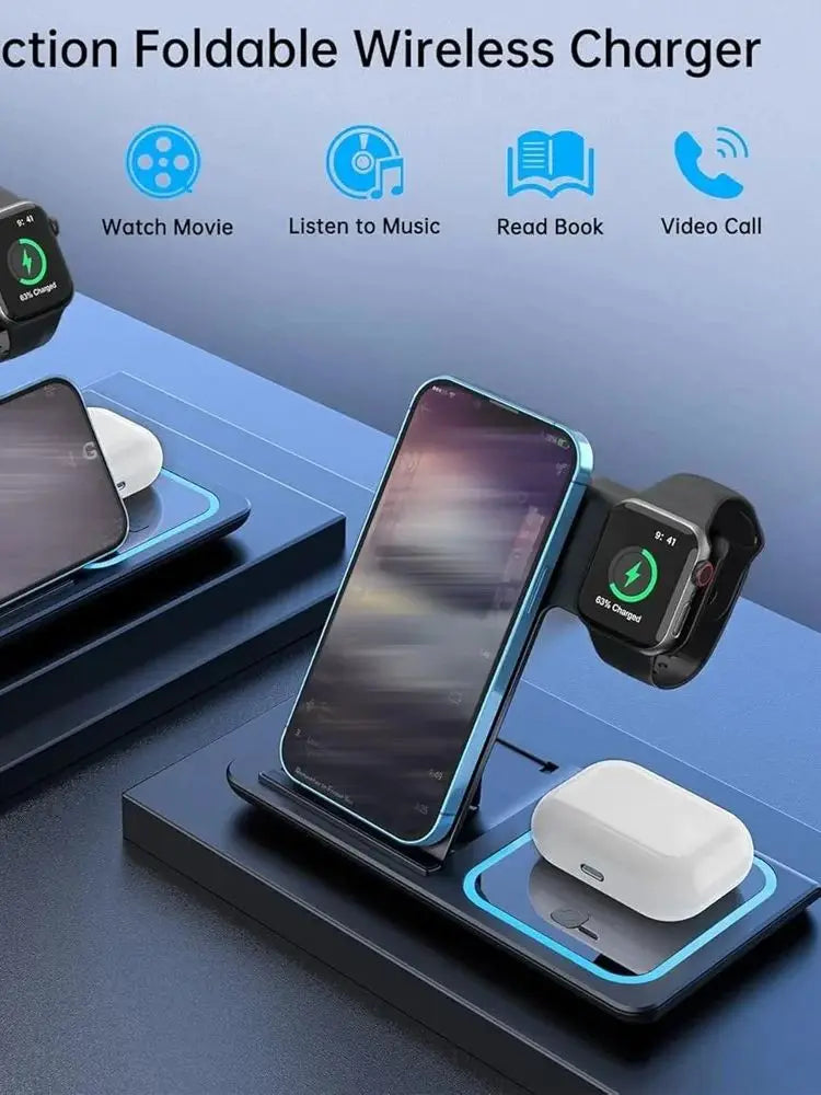15W 3 in 1 Wireless Charger Stand Pad Foldable Fast Charging Station Dock For IPhone17 16 15 14 13 12 11 X 8 Apple Watch Airpods
