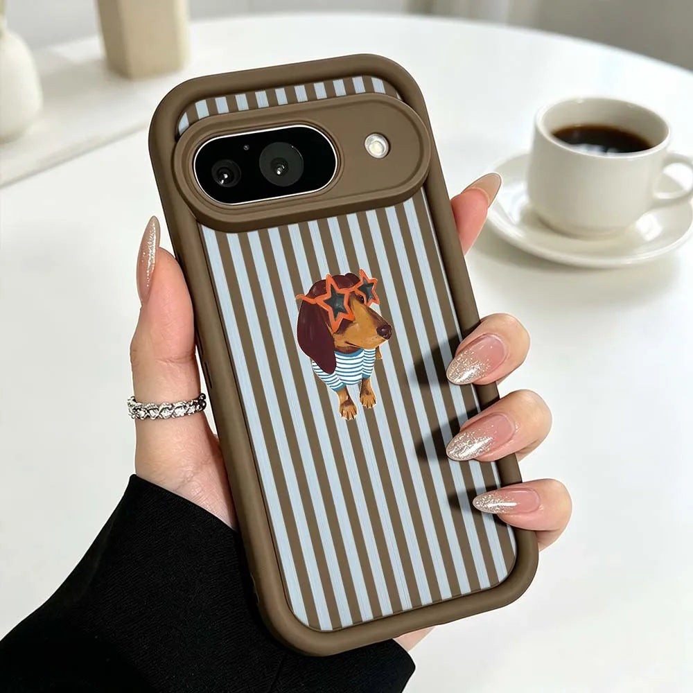 Cute Striped Dachshund Cover For Google Pixel 10 9 8 7 9a 8a 7a Pro XL Eye Ladder Phone Case