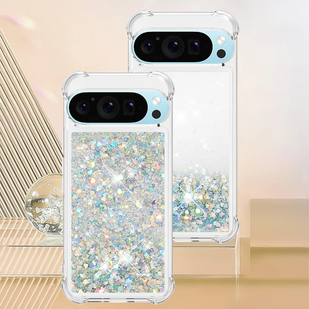 Cute Bling Glitter Liquid Quicksand Phone Case For Google Pixel 10 9 8 Pro XL 9A 8A 7A Anti Fall Protect Clear Soft Back Cover