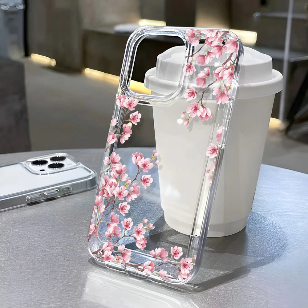 Girls Flower Clear Phone Case For iPhone 16 15 14 13 12 11 Pro Max 16 Plus Bumper Shockproof Hard Cover Cases