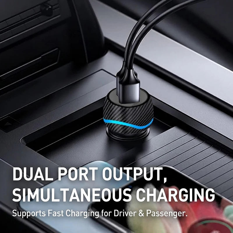 60W Dual Port Car Charger Carbon Fiber Style USB C PD 30W QC 30W Fast Charging Auto Cigarette Lighter For iPhone For Samsung