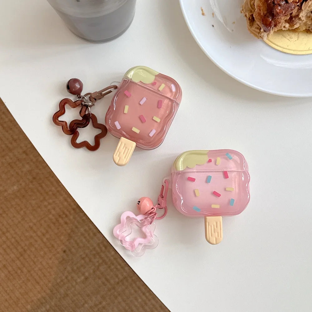 Cute Wavy Edge Ice Cream Earphone Case For AirPods 1 2 3 4 Pro 2 Bluetooth Headphone Charging Box Protective Cover With Pendant
