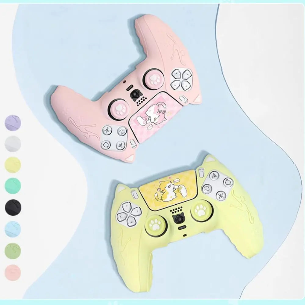 Silicone Controller Case Set Cat Paw with Sticker Controller Skin with Thumb Grip Caps Anti-slip Protective Shell Cover for PS5