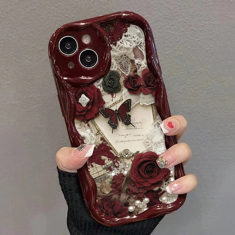 Butterfly Painted Flat Printing Wine Red Cream Texture Soft Phone Case For iPhone 17 16 15 14 13 12 11 Pro Max 16 Plus 17e Cover